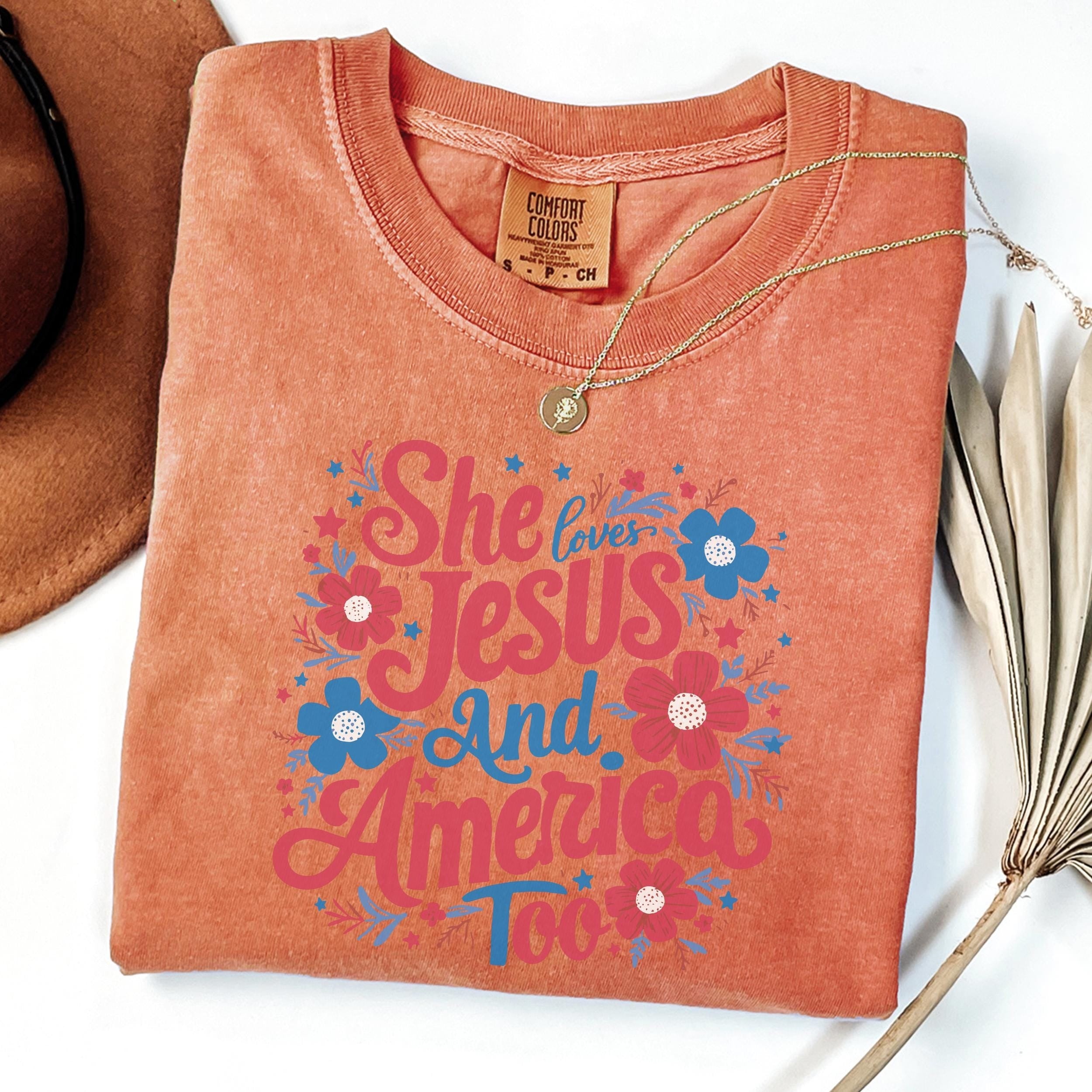 Comfort Colors® She Loves Jesus and America Too Shirt, 4th of July Shirt, USA Shirt, Fourth of July Shirt, Christian Shirt